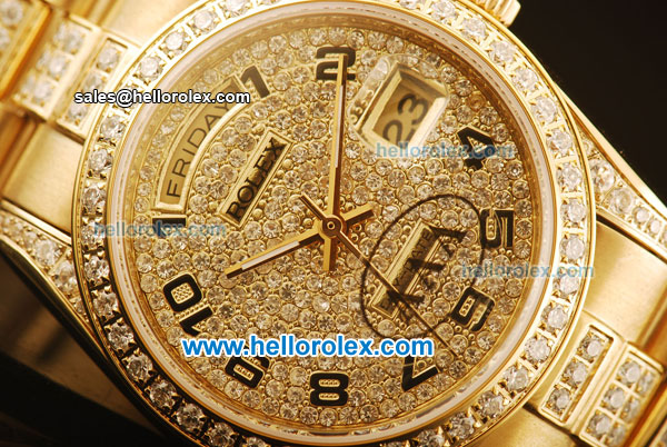 Rolex Day Date Swiss ETA 2836 Automatic Yellow Gold Case with Diamond Dial/Bezel and Gold Diamond Strap - Click Image to Close